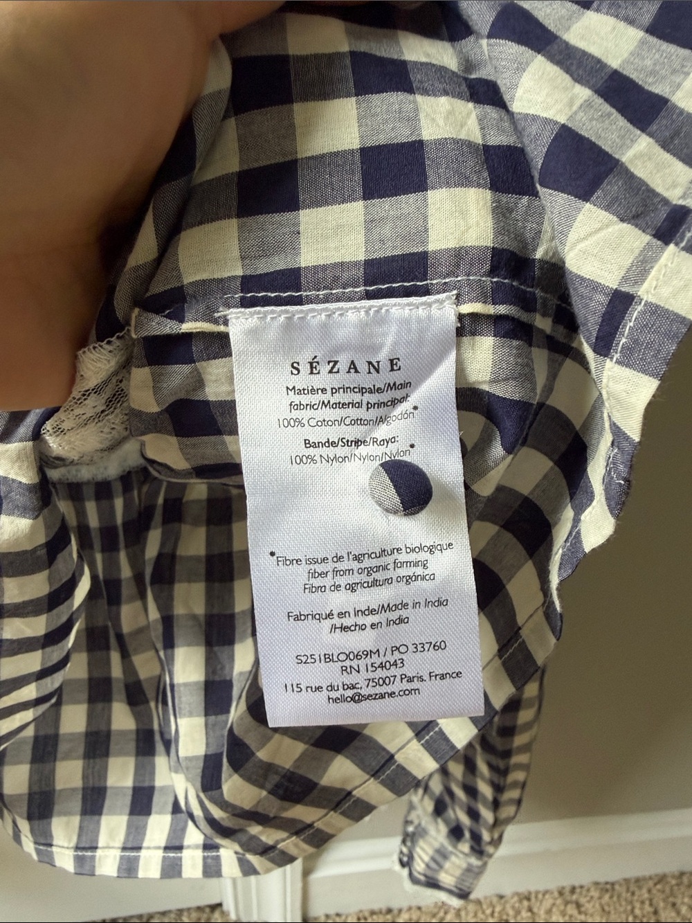 Sezane Charlina Blouse Vichy Navy - Solidarity Creation - Size 6 - Picture 5 of 10